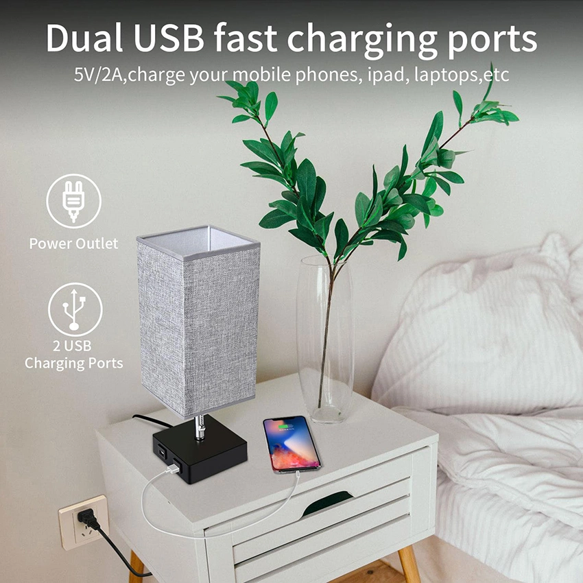 USB Table Lamp, Bedside Lamps with 2 USB Charging Ports for Bedroom, Nightstand Lamp with Grey Fabric Shade